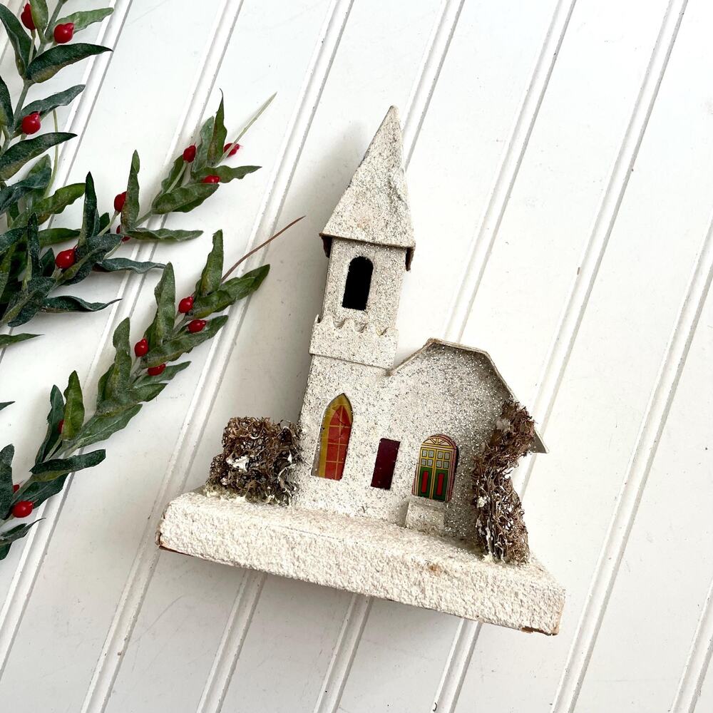 Antique Christmas Large White Coconut Putz Church House Loofah Tree Mica Japan